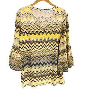 Susan Graver QVC Womens Chevron Patterned Bell Sleeve Tunic Top Size M Yellow/Br